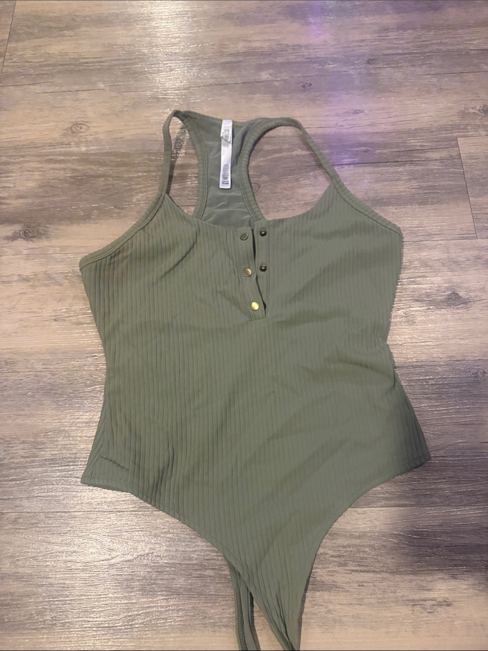 Ribbed Olive Button-Front Racerback Bodysuit